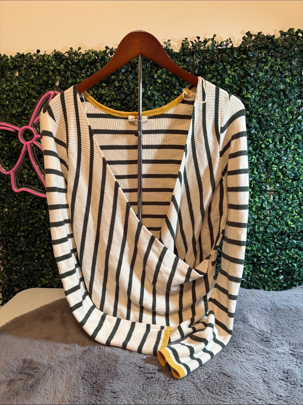 Moth Anthropologie Cream and Black Striped Wrap-Front Sweater Size L